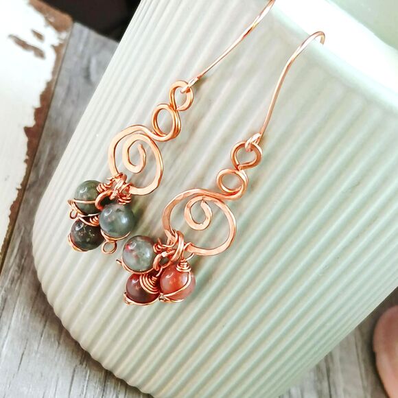 Boho Chic Bloodstone Crystal Dangle Earrings, Hammered Copper Gemstone Jewelry - Picture 3 of 4